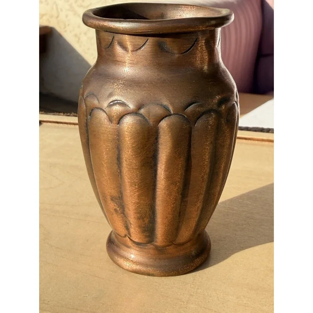 Vintage Ribbed Copper Vase With Scalloped Rim Detail